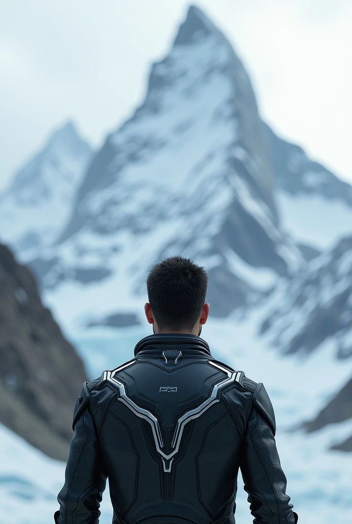 A men wear a futuristic jacket in front of ice mountain