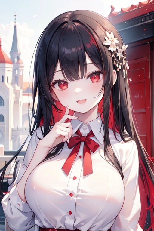 (masterpiece, best quality), intricate details,
1girl,black hair, Red eyes, light red hair, white hair tips,
Big breasts, smiling, opened mouth, wear white shirt, long Sleeve shirt, Red checkered shirt, Park background