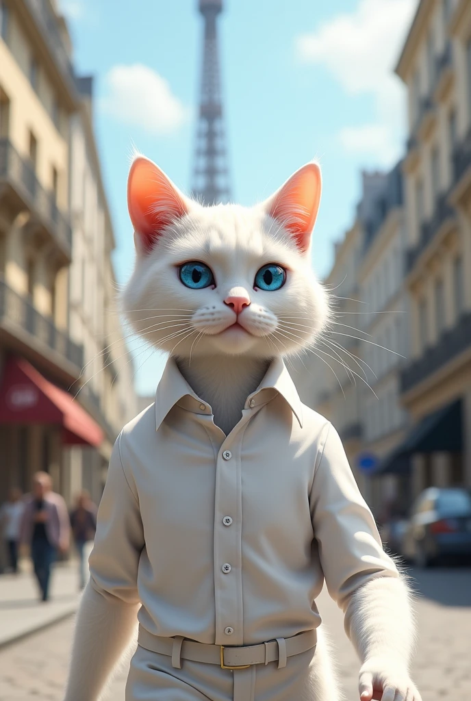 Male Cat with white shirts and blue eye white haired walking in front of effiel tower