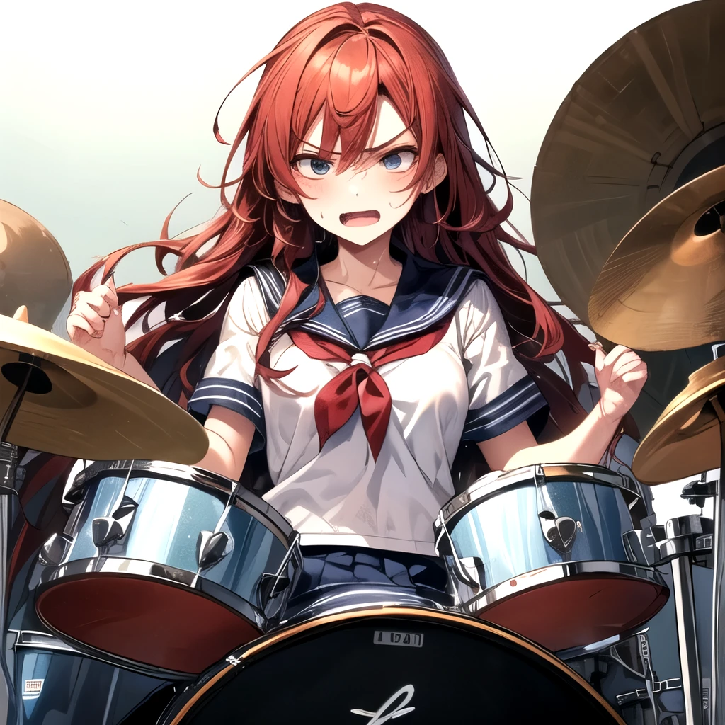 Sailor suit schoolgirl、Playing the drums、Sweating profusely with an angry expression、体育館の壇上でPerforming、long hair is disheveled、Cute school girl、Wearing a black sailor suit、Red Hair、Performing、The entire drum is visible from the front、