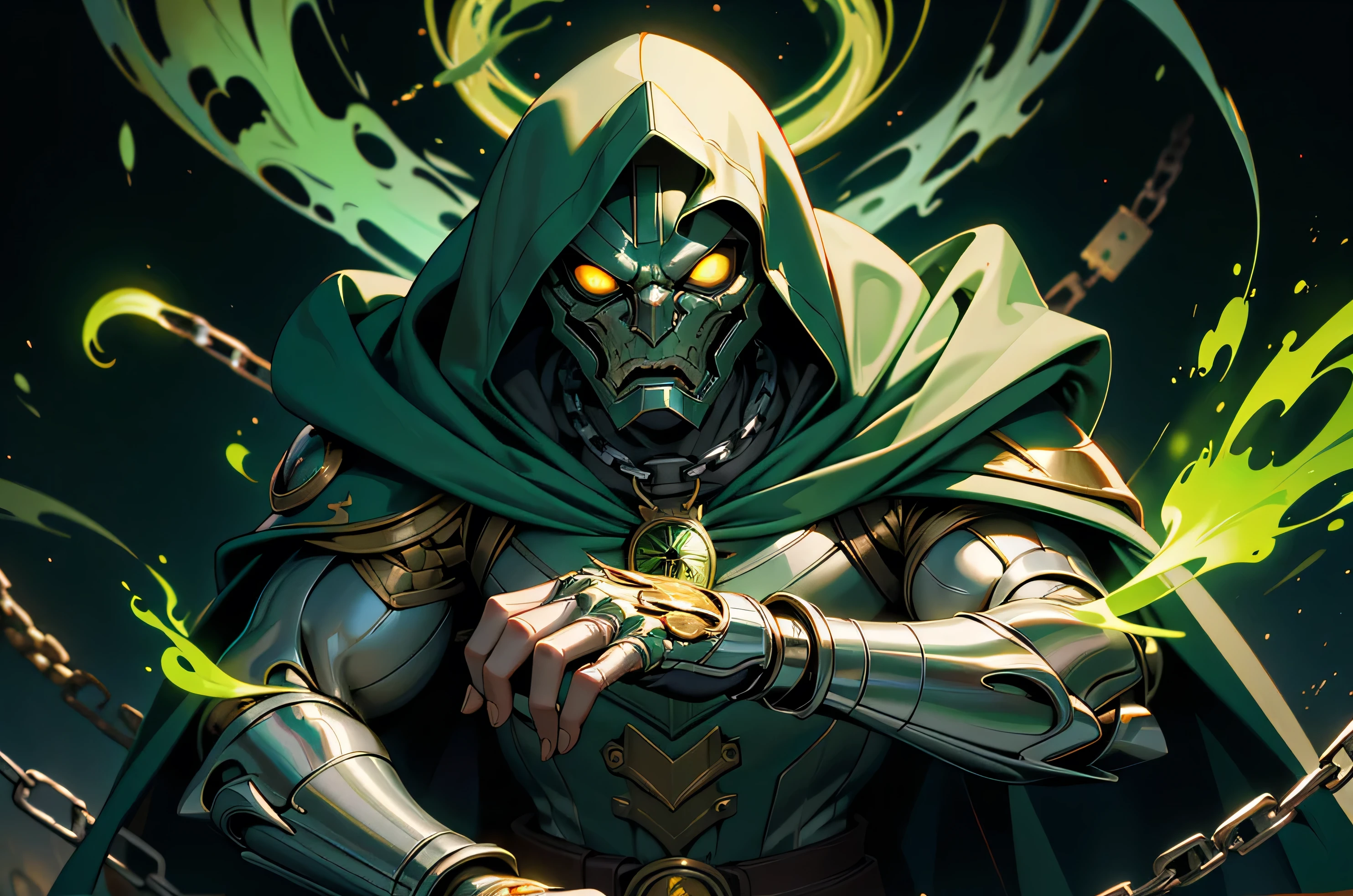 (masterpiece:1.2, best quality:1.2), ((masterpiece)), (((best quality))), ((ultra-detailed)), ((illustration)), (1man, male, solo), (doctor doom, green hood, cloak, chains, yellow glowing eyes), silver metal mask, white markings, full gray suit, broad shoulders, chaos, ((hell, underworld)), fisheye lens