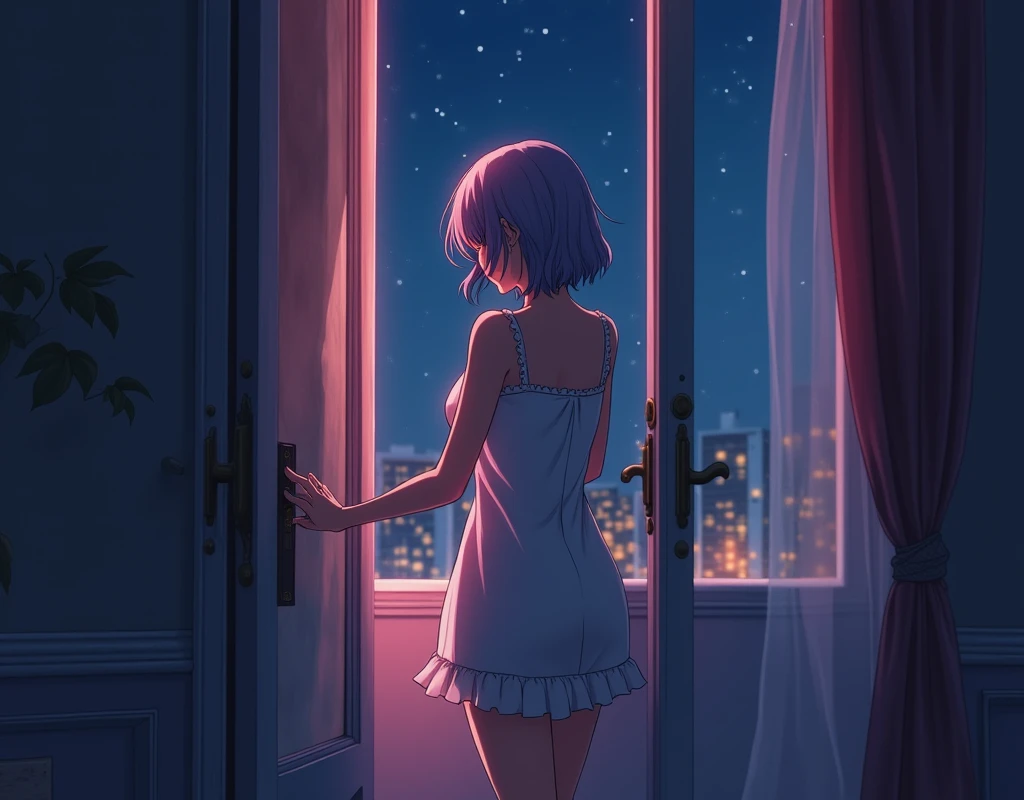 The scene where a house elder women turns her back and lock the door. Her back view of her wearing a nighty in the room. nighty with short slaves and open neck relax dress. The curtain should be closed the windows in the room and darkness should be depicted inside the night. The background should be bright and colorful, dynamic, anime art.