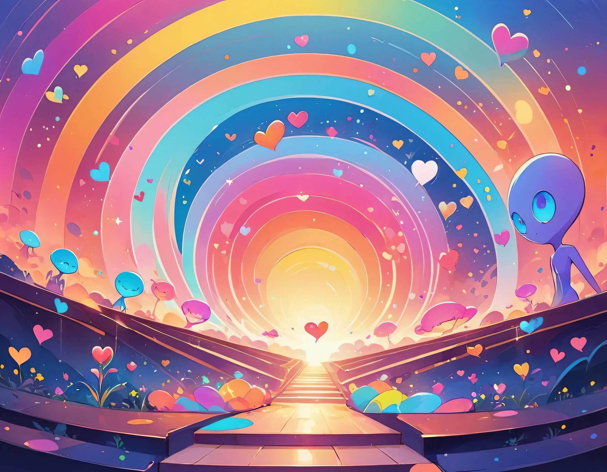 12stairs colorfull style, Simple Line Initialism，Abstract art, girls, colorful hearts, funny design, (((Cute Aliens))), The background is space