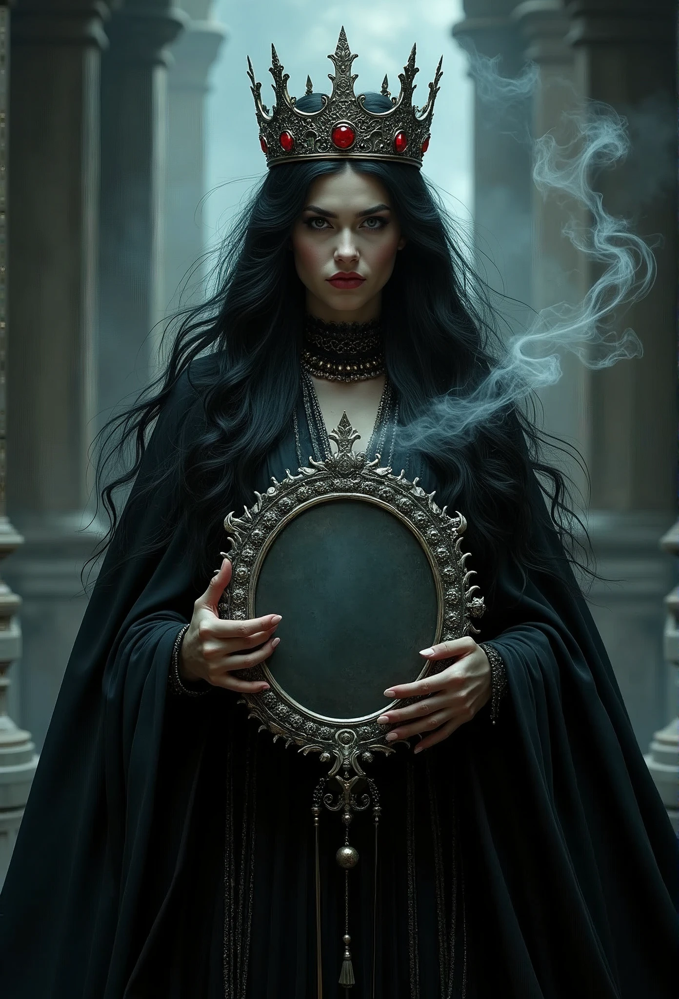 masterpiece, best quality, HD, Delicate texture, Real People,Realistic style,Evil Witch Queen, crown,((手拿冒着Magic Mirror,Magic Smoke)),Fierce expression,Fantasy Art,Black long hair,((Magic Mirror)), ((Gloomy palace)), Black robe,Movie Lighting,Looking at the camera
