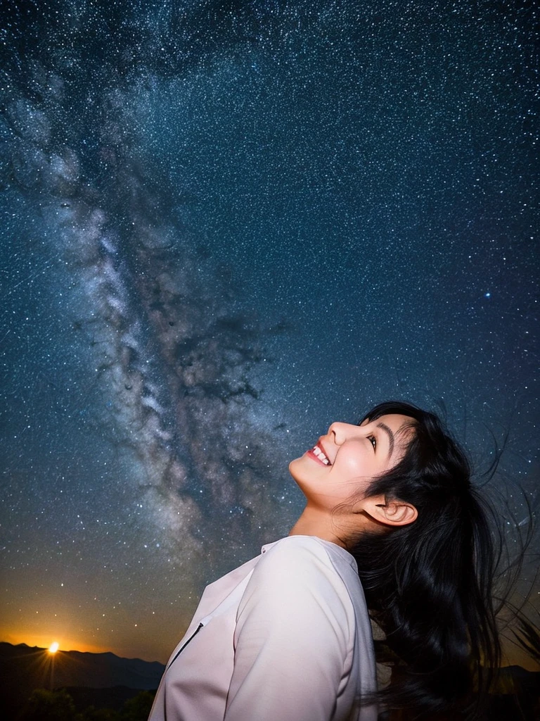 A black-haired Japanese woman looking up at the starry sky, smiling broadly at the observation deck on Mount Rob Hair