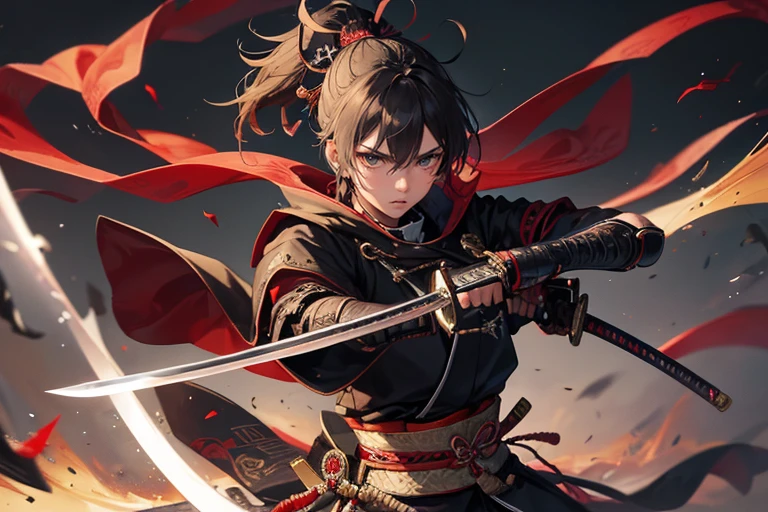 (Highest quality、 8k 、masterpiece、High resolution)、Japanese Samurai、1. Man、A young Edo period swordsman、Musashi Miyamoto、Dual-wielding master、Holding the hilt of a sword、The blade is long and the handle is short、The sword has a round tsuba、Official Art、Detailed CG、