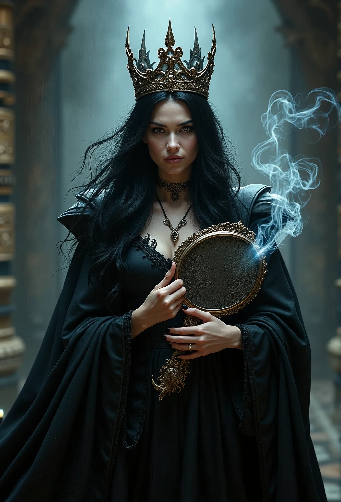 masterpiece, best quality, HD, Delicate texture, Real People,Realistic style,Evil Witch Queen, crown,((手拿冒着Magic Mirror,Magic Smoke)),Fierce expression,Fantasy Art,Black long hair,((Magic Mirror)), ((Gloomy palace)), Black robe,Movie Lighting,Looking at the camera