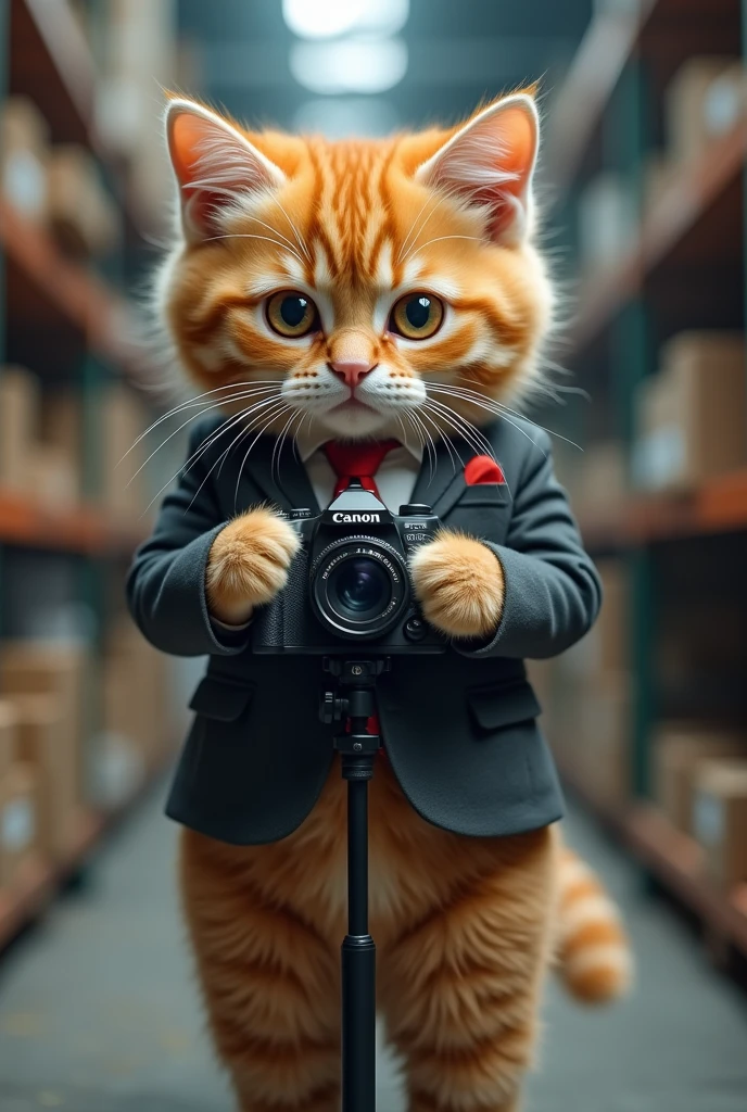Cute cat cat,Personification,cool,Standing,Hold the camera,tripod,Photographer,in the factory,Photo gesture,,Suit,tie, (Delicate face), (Fine fluffy fur),(35mm Cinema Lens),(Multi-angle shooting),(many viewing angles)