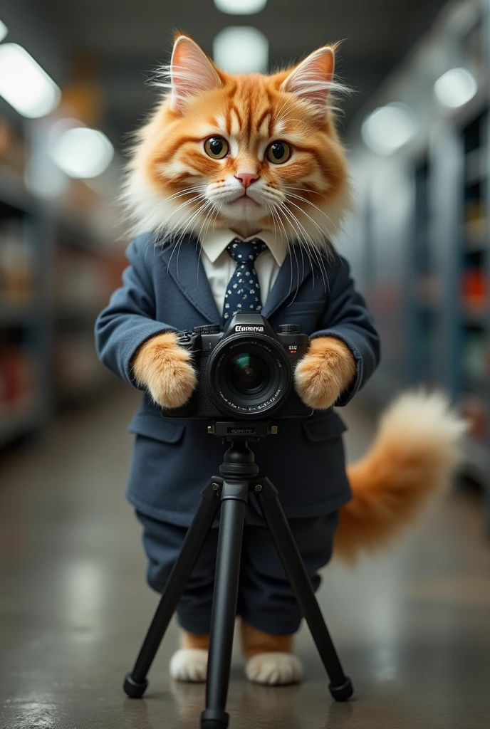 Cute cat cat,Personification,cool,Standing,Hold the camera,tripod,Photographer,in the factory,Photo gesture,,Suit,tie, (Delicate face), (Fine fluffy fur),(35mm Cinema Lens),(Multi-angle shooting),(many viewing angles)