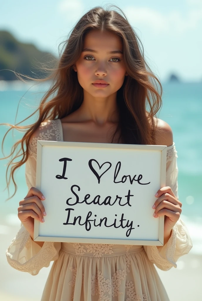 Beautiful girl with wavy long hair, bohemian dress, holding a white board with text "I Love Seaart Infinity" and showing it to the viewer
