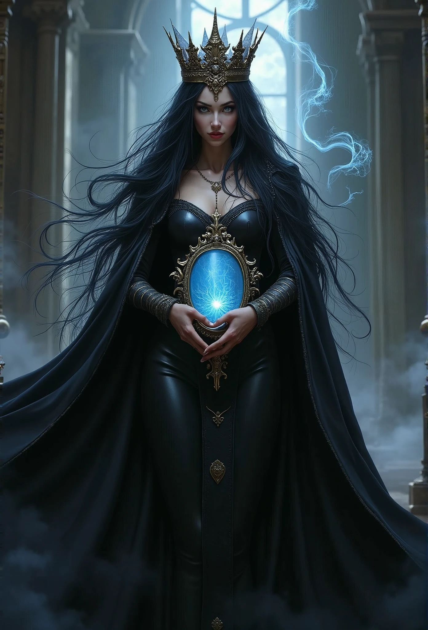 masterpiece, best quality, HD, Delicate texture, Real People,Realistic style,Evil Witch Queen, crown,((手拿冒着Magic Mirror,Magic Smoke)),Fierce expression,Fantasy Art,Black long hair,((Magic Mirror)), ((Gloomy palace)), Black robe,Movie Lighting,Looking at the camera