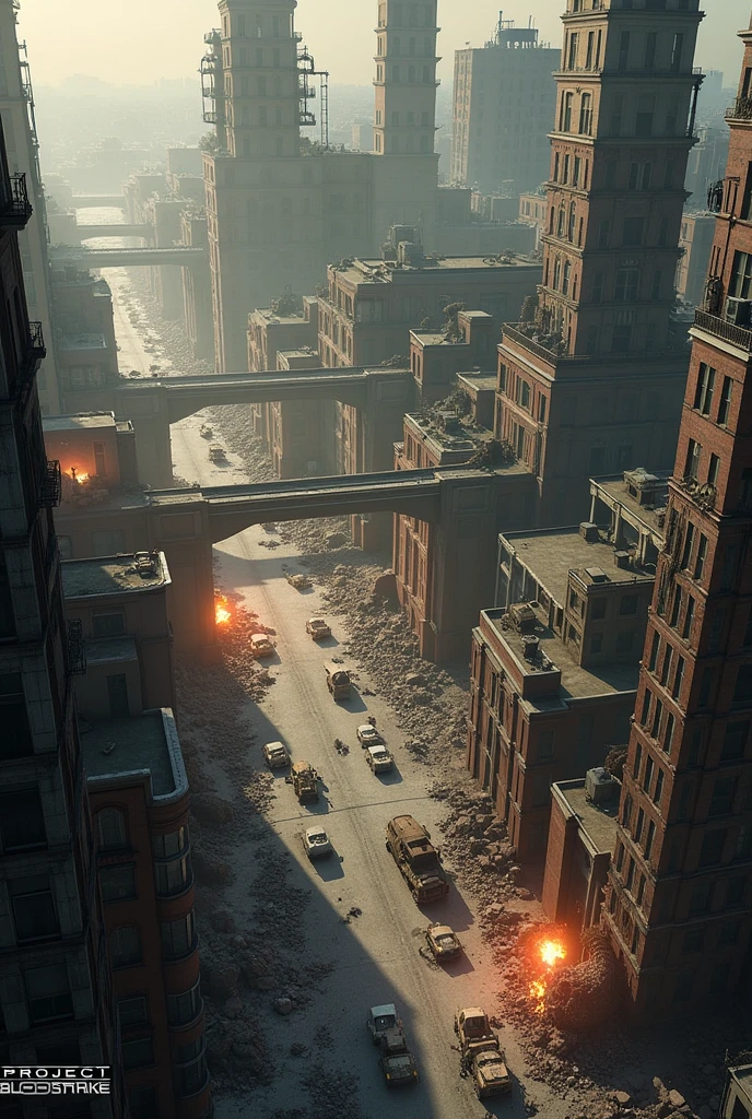 See a ruined city through the perspective of a camera that has fallen to the ground，zombie，The city collapsed，panicking，Apocalyptic atmosphere ，rainy evening，Blood Moon，Ray traching，hyperreaistic，cyber punk style，Paralyzed streets，Bodies scattered in the streets，Garbage everywhere