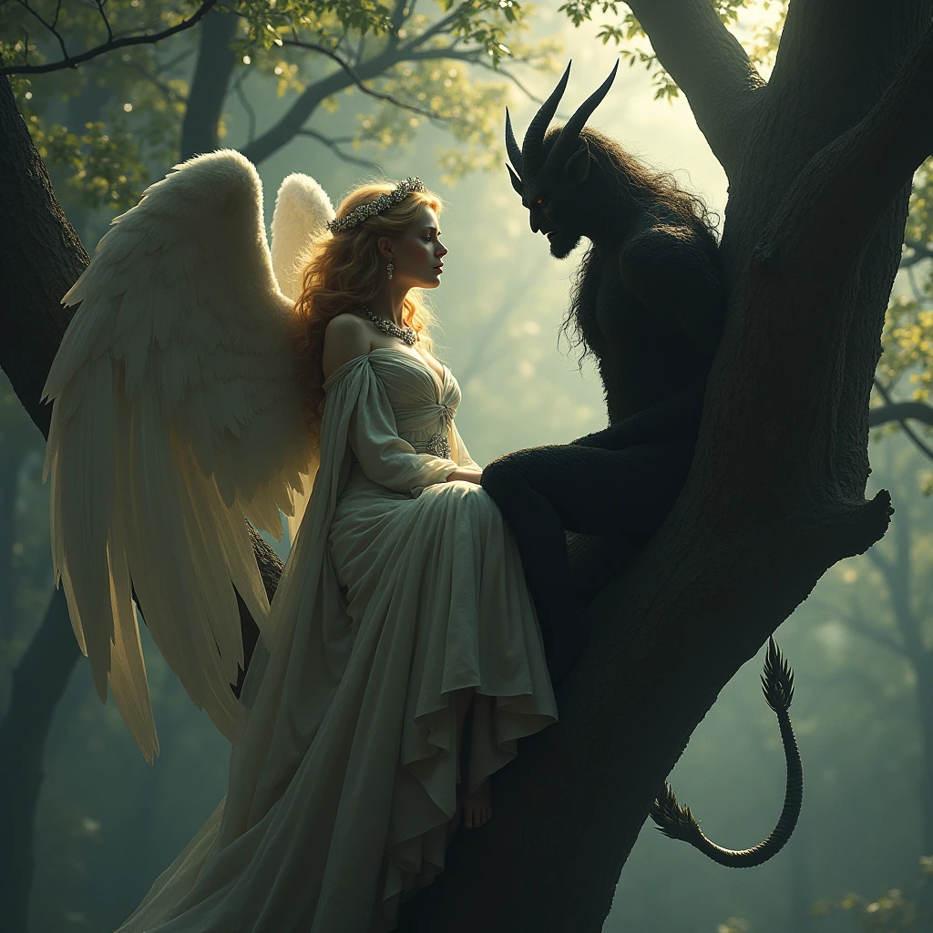 Gothic romantic, dark fantasy, A blond angel and a demon on a tree