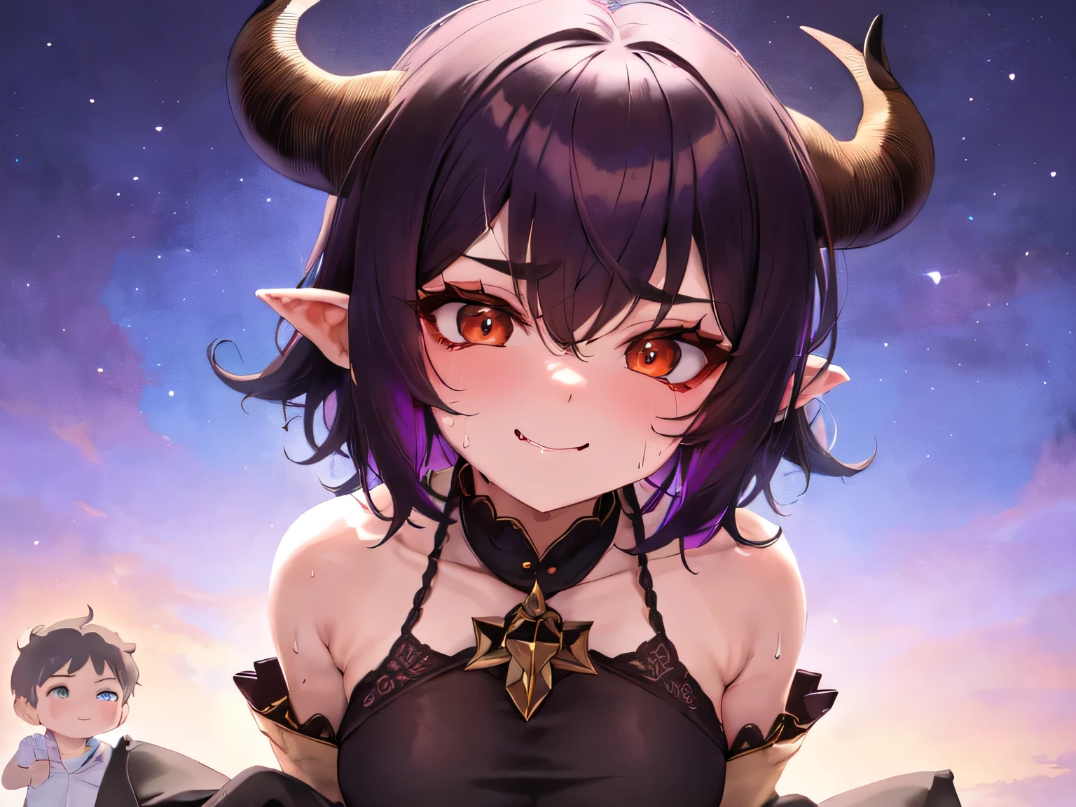 drawn by the world's best illustrator,{{{masterpiece}}}, super fine illustration, best quality, light particles, ultra-detailed, 8K wallpaper, (bright colors:1.2), brown skin,
((looking at minimum boy)),((Sweat)),
(a short girl:1.8),loli,straight hair,shiny hair,long spread hair,((upper body only)),
light purple hair,short hair,
((from front:1.4)),
(((a minimum boy))),(((boy slacking off on girl's hand:1.1))),brown hair boy,
detailed big breasts,
((devil's horns:1.2)),((devil's wings:1.2)),black glove,naked
delicate linestailed face,well-groomed face,ultra detailed face,balanced each parts of face,delicate linestailed face,
detailed eyes,thick eyebrows,thick eyebrows,
smiling,
simple white bacground,