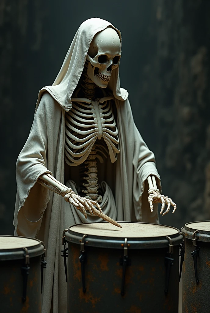 A skull woman is drumming on a metal live