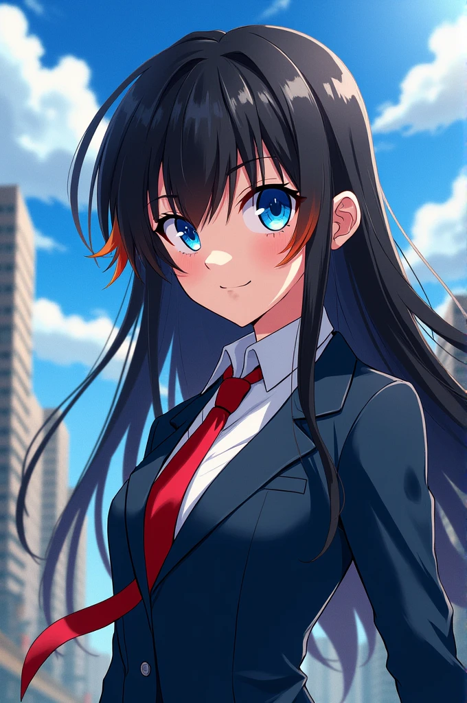 My hero academia template a girl with long black hair with orange streaks, blue eyes and wearing the UA uniform
