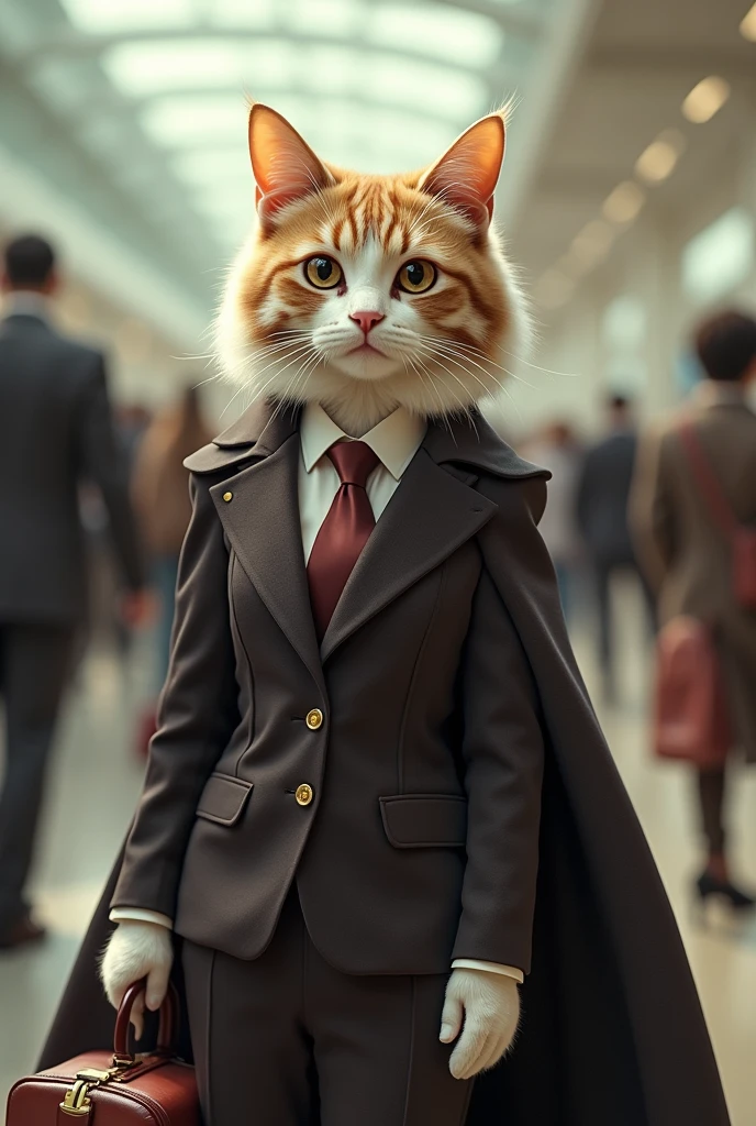 35mm lens,Multiple angles,漂亮的Cat,cute,Personification,Back,side,silhouette,Overhead shot,Cat,Standing,doll,Airline stewardess,Trolley case,,AIRPORT,Airline stewardess, cloak,Ruan Jia,Suit,tie, (Delicate face), (Fine fluffy fur),(35mm Cinema Lens),(Multi-angle shooting),(many viewing angles)