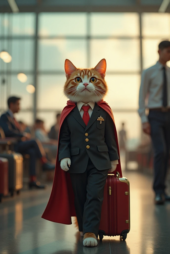 35mm lens，Multiple angles，漂亮的Cat，cute，Personification，Back，side，silhouette，Overhead shot，Cat，Standing，doll，Airline stewardess，Trolley case，，AIRPORT，Airline stewardess， cloak,Ruan Jia,Suit,tie, (Delicate face), (Fine fluffy fur)，（35mm Cinema Lens），（Multi-angle shooting），（many viewing angles）