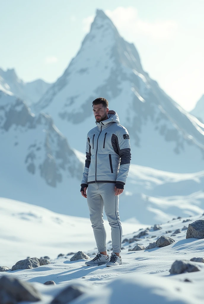 A men wear a futuristic jacket in front of ice mountain