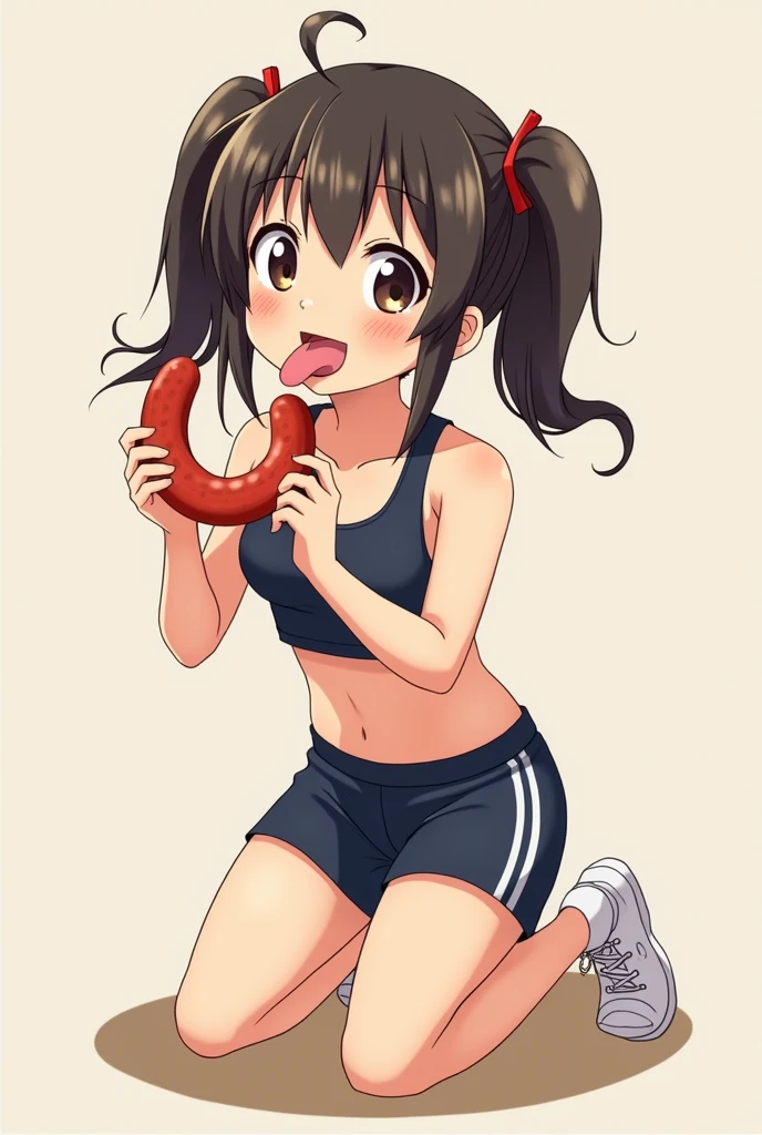 Holding a sausage with one hand and preparing to eat it, a 10-year-old Japanese girl is kneeling and sticking her tongue out, wearing sports shorts, a top and a sports bra.