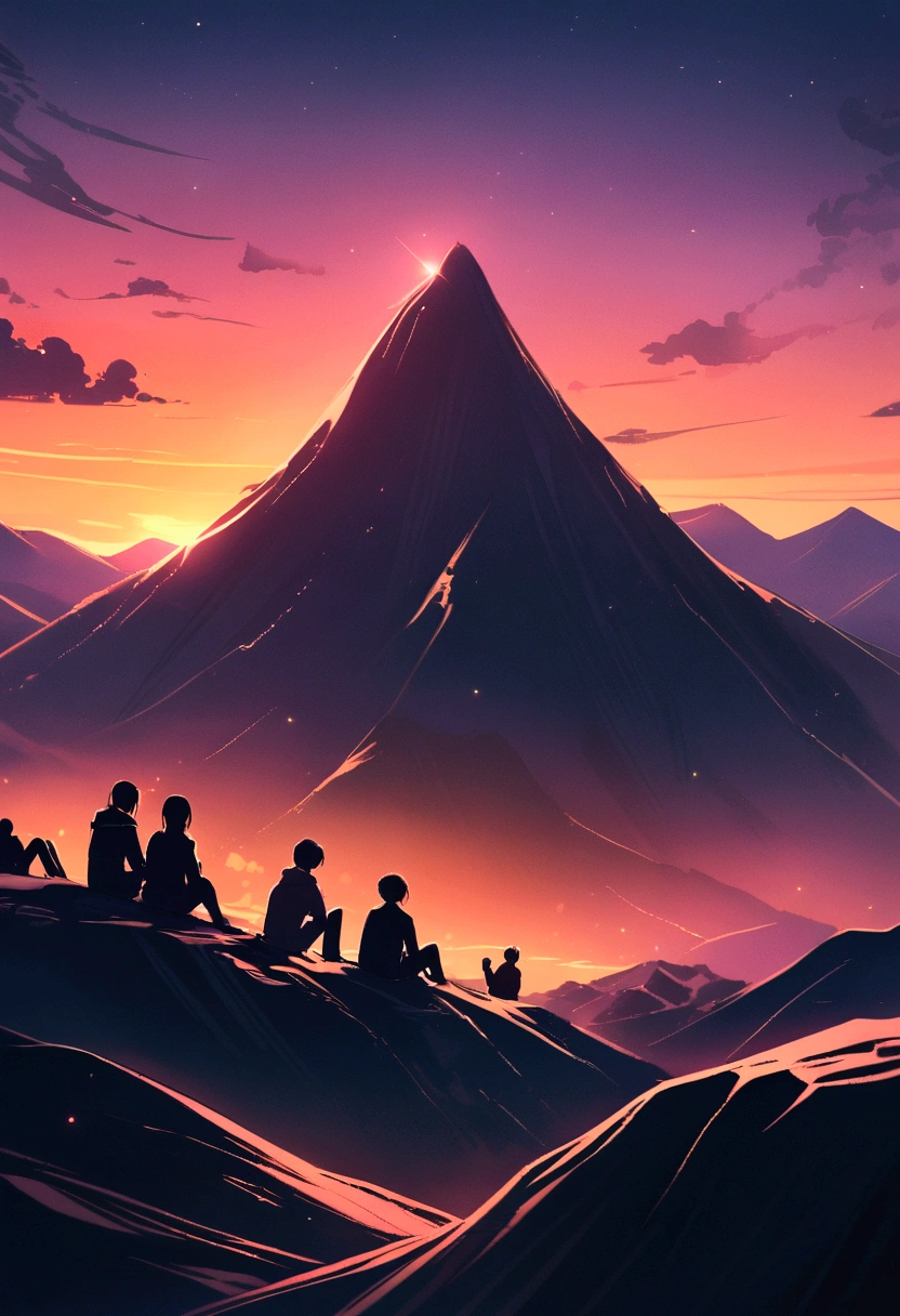 sitting on the top of a mountain watching the sunset with friends, chill