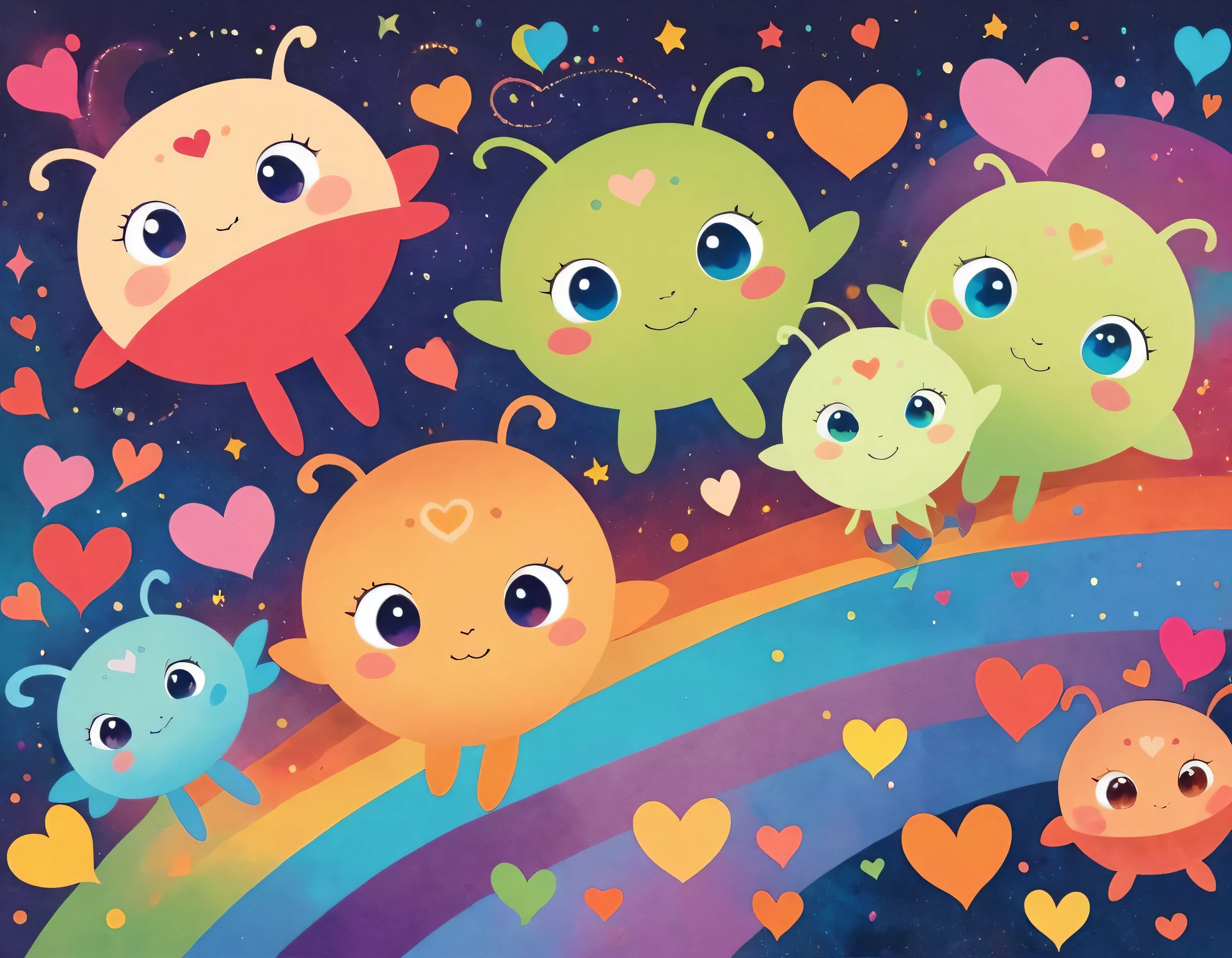Paul Klee colorfull style, Simple Line Initialism,Abstract art, girls, colorful hearts, funny design, (((Cute Aliens))), The background is space