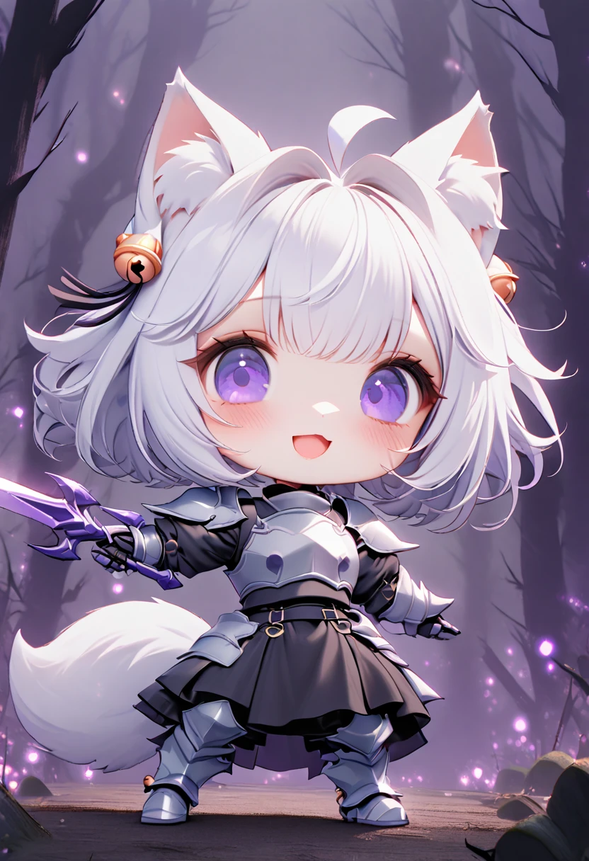 master piece, best quality, ultra-detailed, illustration, 1girl, solo, chibi, (big head), cute pose, front view, looking at viewer, ((full body Close up)), filian, filianoverall, Filiansailor, ((white hair)) , short hair, shoulder length hair, fly-away hair, purple hair ornament, bangs, hairclip, cat ears, (hair bell:1.3) ahoge, purple eyes, open mouth, smiling, (white fox tail), ((spear knight outfit)), knight's armor, metal breastplate, armored gloves, holding a long sword , glowing sword , metal greaves, armored boots, spooky forest background, gloomy atmosphere, broken trees