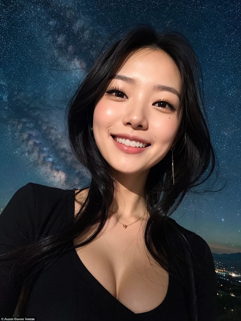 A black-haired Japanese woman looking up at the starry sky, smiling broadly at the observation deck on Mount Rob Hair