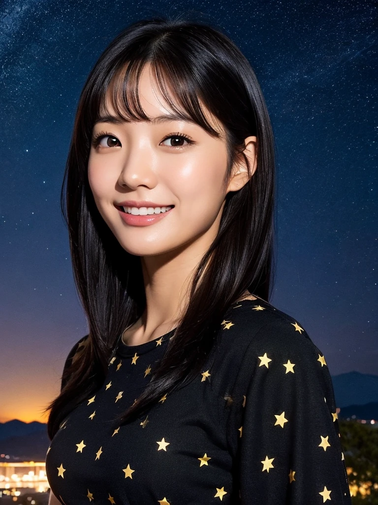 A black-haired Japanese woman looking up at the starry sky, smiling broadly at the observation deck on Mount Rob Hair