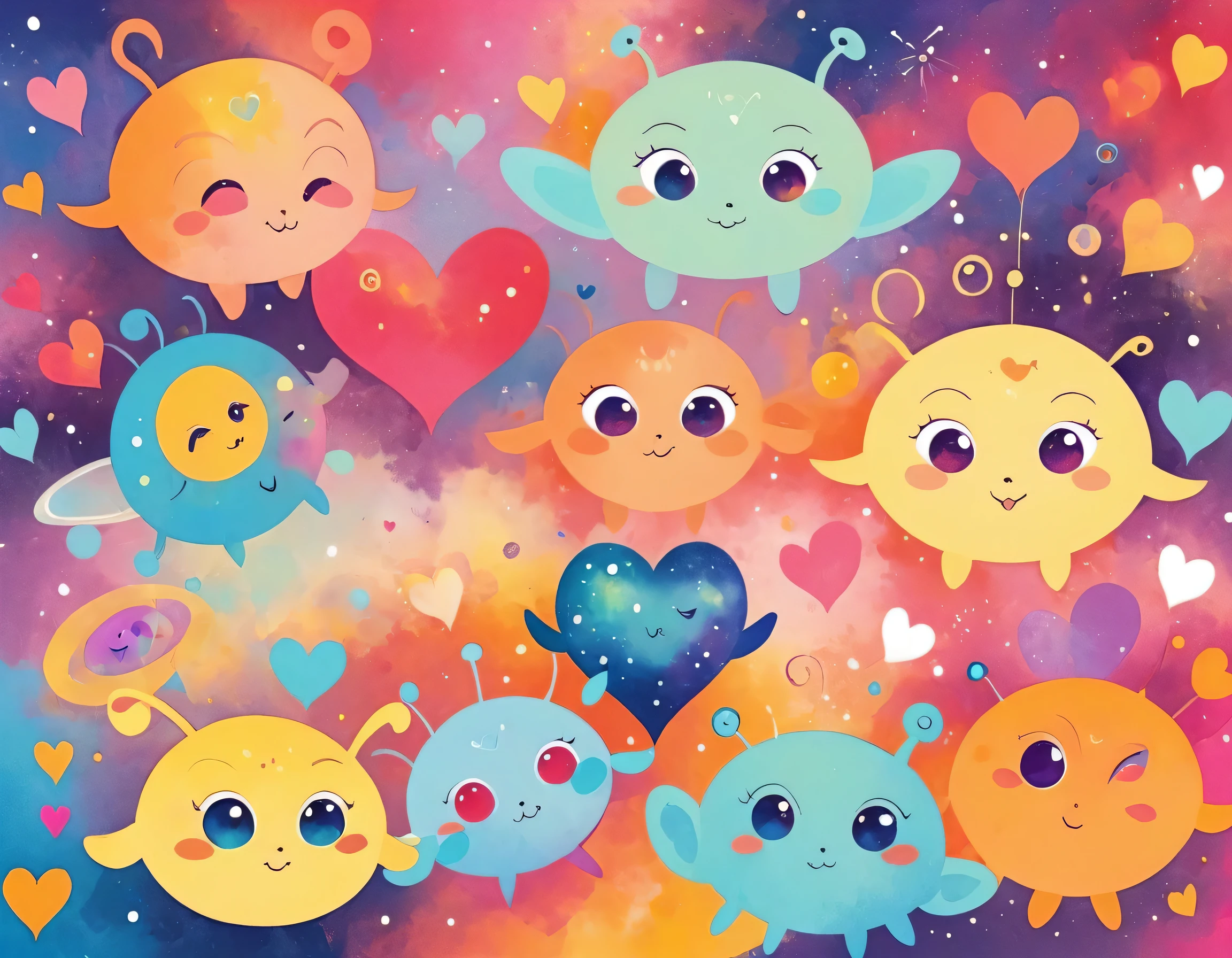 Paul Klee colorfull style, Simple Line Initialism,Abstract art, girls, colorful hearts, funny design, (((Cute Aliens))), The background is space