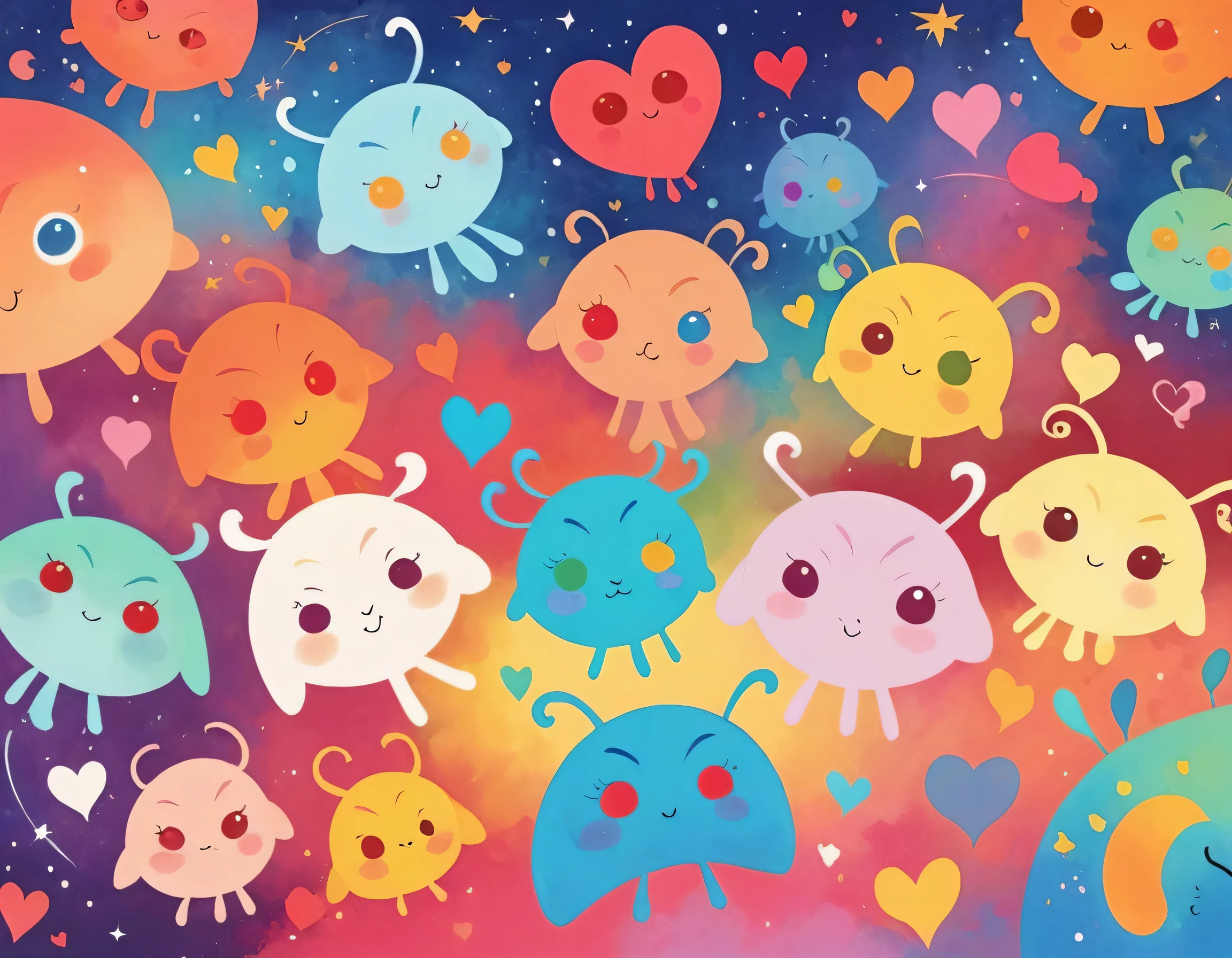 Paul Klee colorfull style, Simple Line Initialism，Abstract art, girls, colorful hearts, funny design, (((Cute Aliens))), The background is space