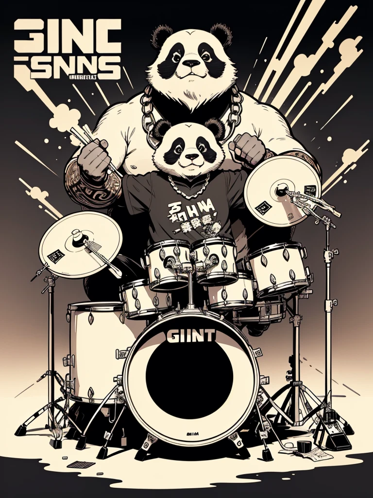 (masterpiece, best quality)a cute giant panda（panda）Playing drums；Panda is big，The drum set is very small，obvious size contrast；[modern percussion instruments：drum set（Five-drum system）]，Wearing an oversized T-shirt（There are Chinese elements），With a big gold chain tag，sunglasses，reference：kungfu Panda。Notice：occlusion。Background rendering atmosphere，Colorful background，Color coordination；Explosive effect，Cool。Rich in details。Poster cover，illustration style，comic style，American comics，print style，Stroke，line drawing，thick lines。