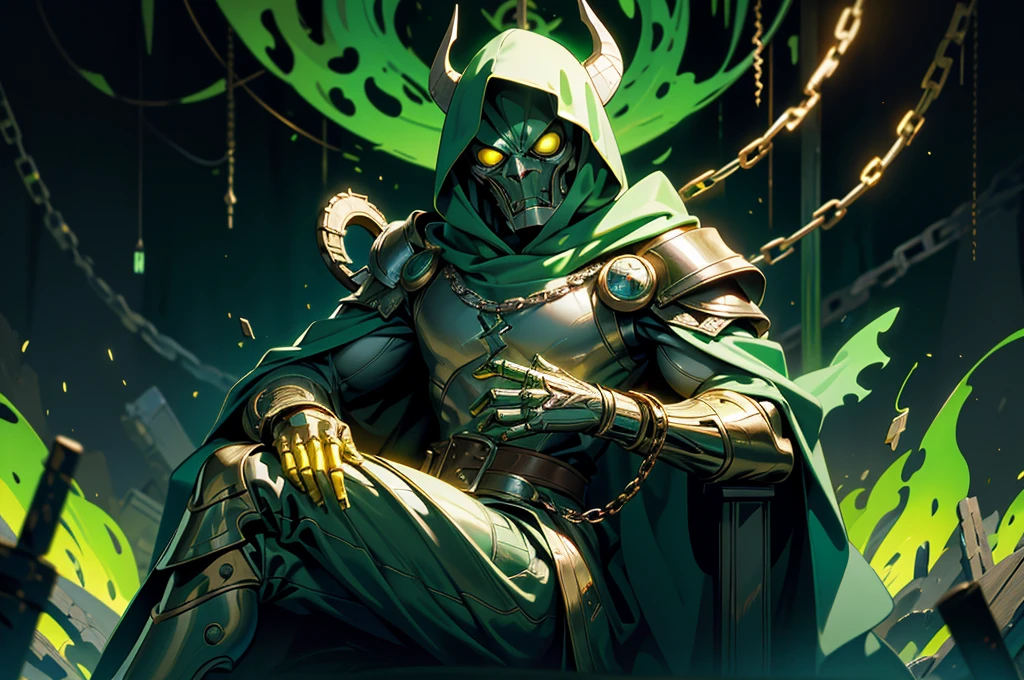 (masterpiece:1.2, best quality:1.2), ((masterpiece)), (((best quality))), ((ultra-detailed)), ((illustration)), (1man, male, solo), (doctor doom, green hood, cloak, chains, yellow glowing eyes), silver metal mask, white markings, full gray suit, broad shoulders, chaos, sitting on throne, ((hell, underworld)), fisheye lens