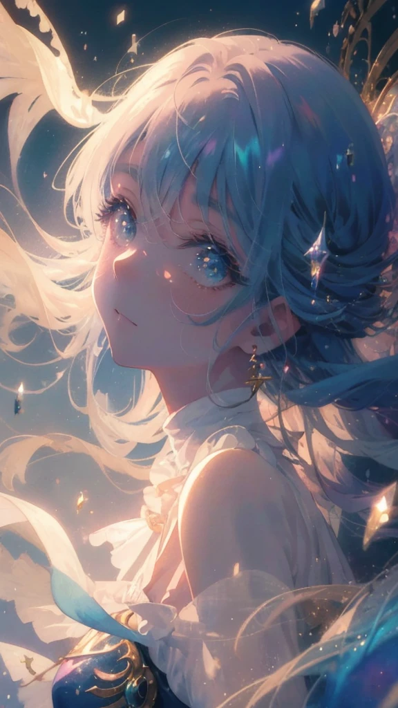 (High quality, 8K), (watercolor paiting:1,2, Soft light:1.5), Upper body, (topaz), Blue,Rainbow Color, One girl, Detailed face, Detailed eyes, watercolor paiting, very magical and dreamy, dreamy and detailed, dreamy atmosphere and drama, Beautiful dreamy lighting, dreamy ambiance, Beautiful atmosphere, Dreamy Romantic, Ethereal dreamy theme, Beautiful atmosphere, Anime Background Art, Magical atmosphere + masutepiece, dreamy aesthetic, Beautiful details with atmosphere,