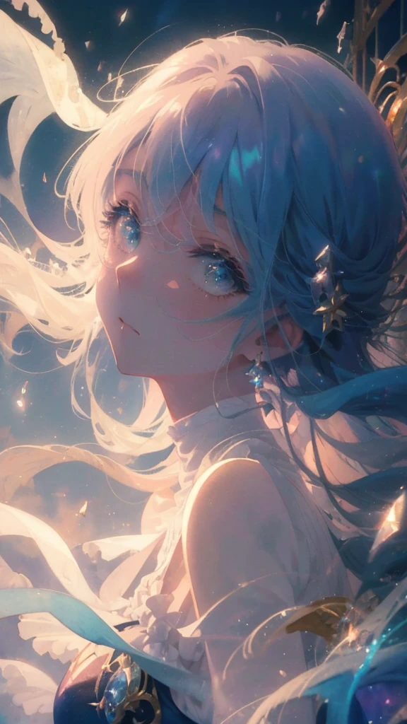(High quality, 8K), (watercolor paiting:1,2, Soft light:1.5), Upper body, (topaz), Blue,Rainbow Color, One girl, Detailed face, Detailed eyes, watercolor paiting, very magical and dreamy, dreamy and detailed, dreamy atmosphere and drama, Beautiful dreamy lighting, dreamy ambiance, Beautiful atmosphere, Dreamy Romantic, Ethereal dreamy theme, Beautiful atmosphere, Anime Background Art, Magical atmosphere + masutepiece, dreamy aesthetic, Beautiful details with atmosphere,