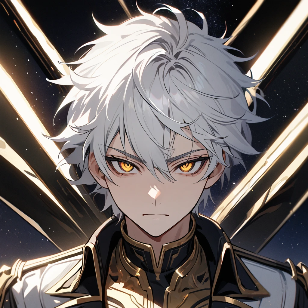 High quality, HD, 4k, no shadows, handsome male, 1male, 17 years old, teenager, short white hair, silver hair, white hair, sharp eyes, dark golden colored eyes, deep golden eyes, dark gold eyes, gold eyes, devil may cry, close up, calm expression, stoic expression, black leather clothes, white leather clothing, lean body, well trained body, upper body, looking at viewer, cowboy shot, white solar, space background