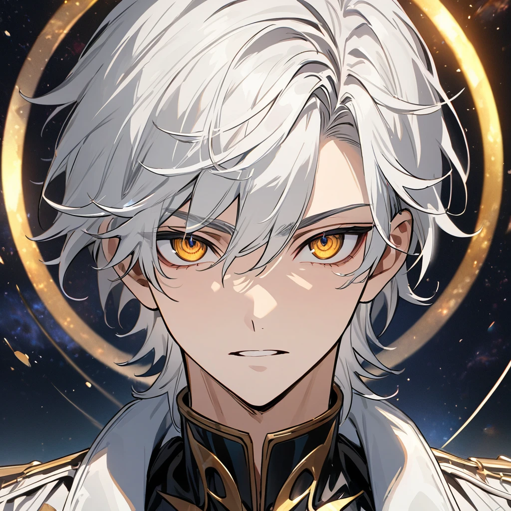 High quality, HD, 4k, no shadows, handsome male, 1male, 17 years old, teenager, short white hair, silver hair, white hair, sharp eyes, dark golden colored eyes, deep golden eyes, dark gold eyes, gold eyes, devil may cry, close up, calm expression, stoic expression, black leather clothes, white leather clothing, lean body, well trained body, upper body, looking at viewer, cowboy shot, white solar, space background