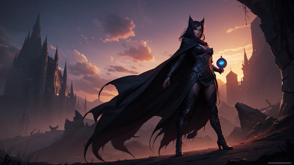 a female shadow at dusk, transforming into a dark entity (digital art, fantasy art, RPG art)