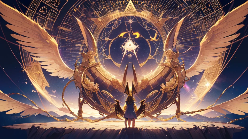 (masterpiece:1.2) Superb quality from the god of art, Very detailed, High resolution, Anime art style, Best Anime 8K , pixiv Contest Winner, Perfect Anatomy  ((((Major Arcana Destiny))))　(((bless　magic circle background)))　((center　center close-up))　((turning point , change))  (((Like a big wheel in the air、Something like a magic circle with letters engraved on it is floating.))) (((Sphinxes and snakes around、There are some that remind me of the god Anubis.、Further out, winged sacred beasts sit.))) (Wheel of Fortune)　incantation　Runes　Shining Background　Shining Edges　16:9 Image Sizes