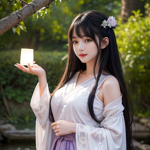 best quality, Delicate face,beautiful visual work, lifelike, eternity, black hair, Long curly hair, blunt bangs, Smile, Detailed Background, Delicate face,blush,cold,((masterpiece))、(top quality)、8k、high detail、Super detailed,21 years old female,身穿唐制Hanfu、waist skirt, Clothes are light and fluffy,Hanfu, wide sleeves, Transparent sleeves, Tunic, Clothes made of chiffon, masterpiece、born、Scenes resembling fairy tale illustrations、intricate details和複雜的設計、Beautifully、magic、capricious、 Beautifully、Dream aesthetics、「𝓡𝓸𝓶𝓪𝓷𝓽𝓲𝓬、ethereal、charming、fickle、magic」、realism、Visual effects、FXAA、SSAO、Shader、voiceless、ambient lighting、Tone mapping、High resolution、Ultra high quality、Million pixels、(8K resolution:1.10)、8k、8k以下、8K resolution、high detail、intricate details, (high quality:1.2、masterpiece:1.2、:1.21)、(21 years old female:1.21)、(興奮地Smile)、(被dream般的氛圍所包圍、Model diagram,full-body shot,Normal 2 feet,Put your hands behind you,The protrusion of the breast is visible when wearing clothes, Large Breasts, H cup chest, antiquity, Xian Xia, gauze clothes, Soft and fluttering, Fairy, dream, fantasy, light, Elegant, nature, Immortal, romantic, classical, ribbon, light purple clothes, In the woods, martial arts drama scene
