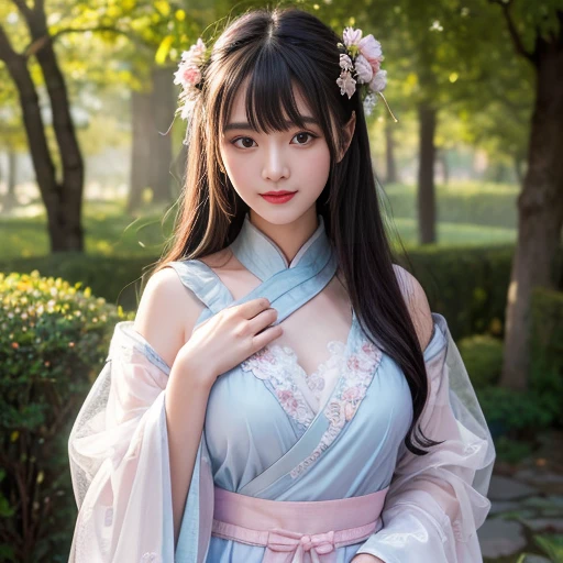 best quality, Delicate face，beautiful visual work, lifelike, eternity, black hair, Long curly hair, blunt bangs, Smile, Detailed Background, Delicate face，blush，cold，((masterpiece))、(top quality)、8k、high detail、Super detailed，21 years old female，身穿唐制Hanfu、waist skirt, Clothes are light and fluffy，Hanfu, wide sleeves, Transparent sleeves, Tunic, Clothes made of chiffon, masterpiece、born、Scenes resembling fairy tale illustrations、intricate details和複雜的設計、Beautifully、magic、capricious、 Beautifully、Dream aesthetics、「𝓡𝓸𝓶𝓪𝓷𝓽𝓲𝓬、ethereal、charming、fickle、magic」、realism、Visual effects、FXAA、SSAO、Shader、voiceless、ambient lighting、Tone mapping、High resolution、Ultra high quality、Million pixels、(8K resolution:1.10)、8k、8k以下、8K resolution、high detail、intricate details， (high quality:1.2、masterpiece:1.2、:1.21)、(21 years old female:1.21)、(興奮地Smile)、(被dream般的氛圍所包圍、Model diagram，full-body shot，Normal 2 feet，Put your hands behind you，The protrusion of the breast is visible when wearing clothes, Large Breasts, H cup chest, antiquity, Xian Xia, gauze clothes, Soft and fluttering, Fairy, dream, fantasy, light, Elegant, nature, Immortal, romantic, classical, ribbon, light purple clothes, In the woods, martial arts drama scene