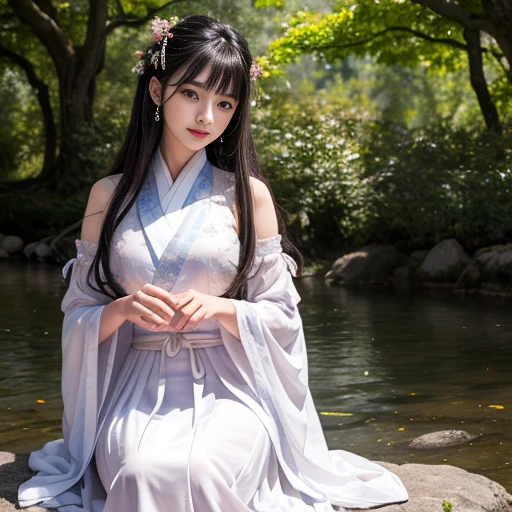 best quality, Delicate face,beautiful visual work, lifelike, eternity, black hair, Long curly hair, blunt bangs, Smile, Detailed Background, Delicate face,blush,cold,((masterpiece))、(top quality)、8k、high detail、Super detailed,21 years old female,身穿唐制Hanfu、waist skirt, Clothes are light and fluffy,Hanfu, wide sleeves, Transparent sleeves, Tunic, Clothes made of chiffon, masterpiece、born、Scenes resembling fairy tale illustrations、intricate details和複雜的設計、Beautifully、magic、capricious、 Beautifully、Dream aesthetics、「𝓡𝓸𝓶𝓪𝓷𝓽𝓲𝓬、ethereal、charming、fickle、magic」、realism、Visual effects、FXAA、SSAO、Shader、voiceless、ambient lighting、Tone mapping、High resolution、Ultra high quality、Million pixels、(8K resolution:1.10)、8k、8k以下、8K resolution、high detail、intricate details, (high quality:1.2、masterpiece:1.2、:1.21)、(21 years old female:1.21)、(興奮地Smile)、(被dream般的氛圍所包圍、Model diagram,full-body shot,Normal 2 feet,Put your hands behind you,The protrusion of the breast is visible when wearing clothes, Large Breasts, H cup chest, antiquity, Xian Xia, gauze clothes, Soft and fluttering, Fairy, dream, fantasy, light, Elegant, nature, Immortal, romantic, classical, ribbon, light purple clothes, In the woods, martial arts drama scene