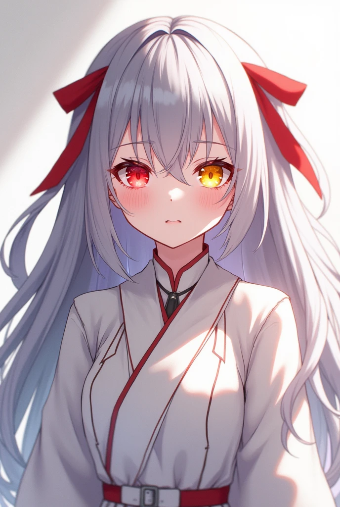 Anime Girl、Japanese style、Gray Hair、Long Hair、Fluffy hair、Hair down、Right eye is red、Left eye is yellow、White clothes、Red Accessories