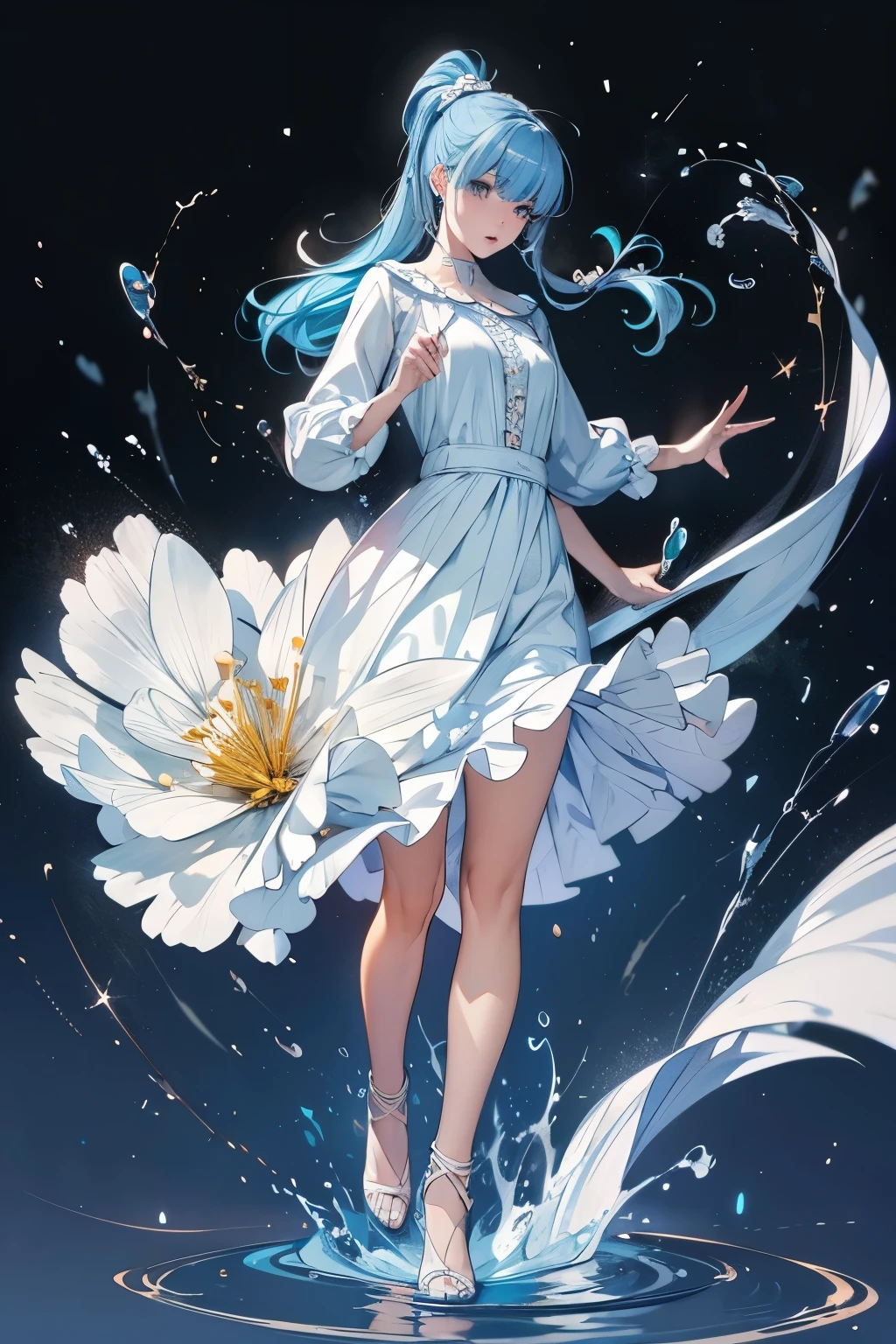 (masterpiece), (best quality), (ultra detailed),full body, (disheveled hair),(illustration), (1girl), (Fashionable clothing), standing, Fashion model, looking at viewer, (interview), (simple background),beautiful detailed eyes, delicate beautiful face, Floating,(high saturation),(colorful splashes),colorful bubble,(shining), focus on face, ponytail, kamisato ayaka, light blue hair, bangs, hair ring, floating flowers, floating hairs, (shining), best lighting, best shadow,