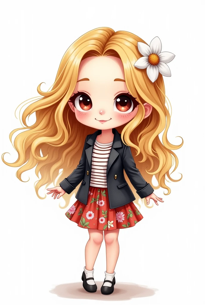 chibi,Watercolor illustration, Centered art. The image shows a charming Russian woman with long, curly blonde hair blowing in the wind., she is in a graphic designer style looking at the camera. She is wearing a black jacket and floral skirt., with a striped blouse underneath, adding a pop of color to your look. A white flower adorns her head, Complementando seu visual. She is standing against a white background.