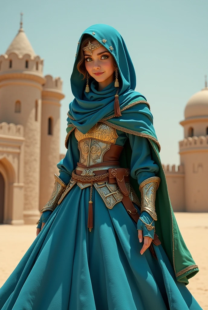 masterpiece, best quality:1.2), smiling at the viewer, arabian warrior princess girl with green eyes, wearing blue hijab headscarf, armor, armored dress, blue puffy princess skirt, green cloak cape, armored boots, blue fingerless gloves, standing in front of desert castle, long ballgown skirt