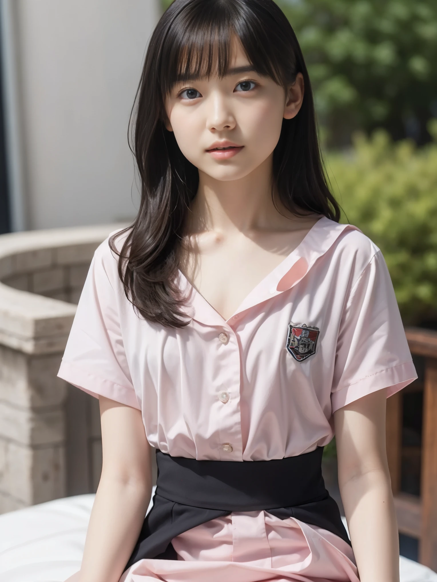 High resolution、High resolution、In 8K、RAW Photos、Highest quality、masterpiece、One teenage girl, (flat chest like a boy:1.2), ((Skinny body:1.2)), Wavy Hair,Japan Student Uniforms, Anatomically correct,bangs、Waist、thigh