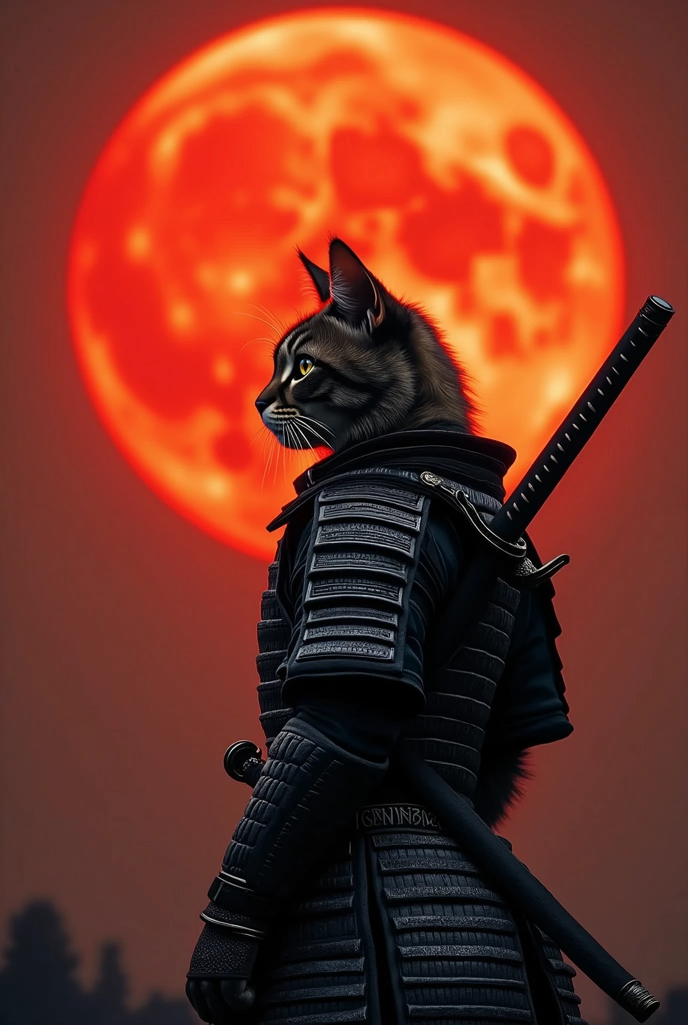 The image features a cat in a samurai warrior's attire, standing against a backdrop of a large red moon. The cat is positioned to the left side of the frame, facing right with its head slightly tilted upwards. It is wearing a detailed armor that resembles traditional samurai armor, complete with intricate designs and patterns. The armor is primarily black with silver accents, adding to the visual depth. The cat's ears are perked up, and its eyes are focused on something in the distance. A sword is sheathed on the cat's back, suggesting readiness for battle or a ceremonial stance. The red moon in the background casts an orange hue over the scene, creating a dramatic and intense atmosphere, retina, accurate, masterpiece, super detail, high details, best quality, award winning, highres, HD, 4K, 8k, 16k, retina, accurate, masterpiece, anatomically correct, textured skin, super detail, high quality, award winning, highres, 8k, 16k