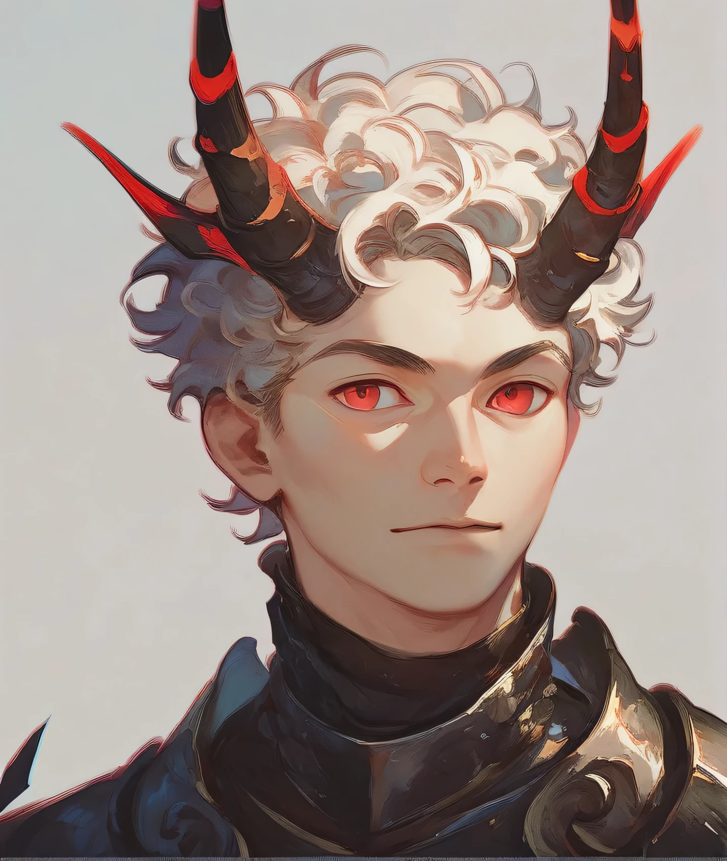 Full-body portrait 27 year old man unique horns、black short curly hair、Black Armor、Red eyes、throw a kunai