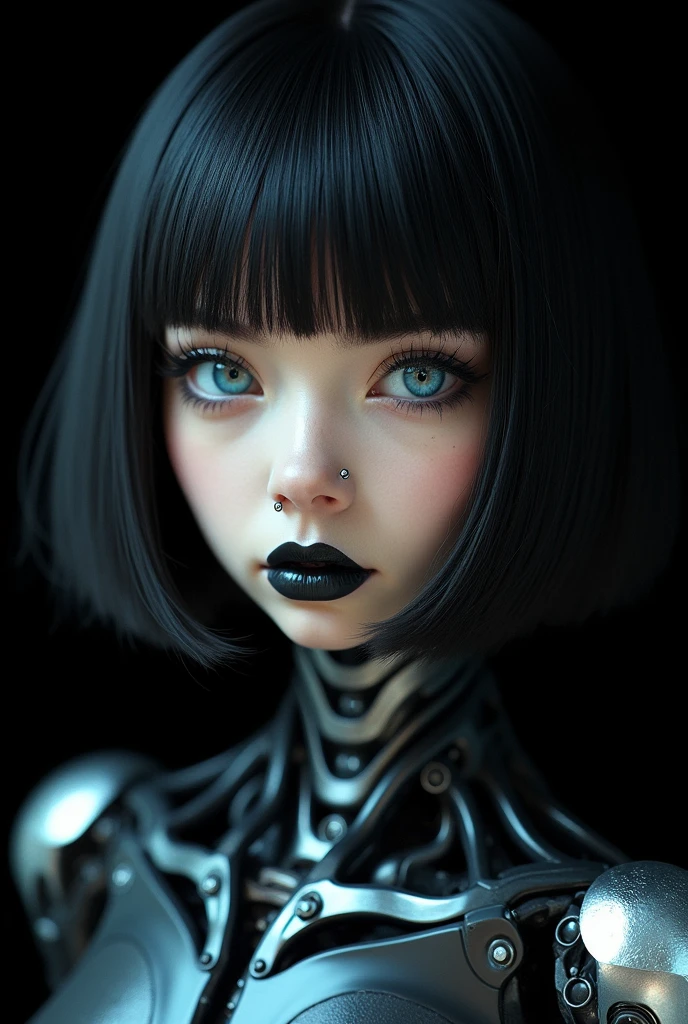 Professional photo of a cyborg, cyborg, mechanical face, bob hairstyle, blue eyes, black lips, nose piercing, tub piercing, mechanical body, cyberpunk style, black background, eye contact, looking at the viewer, masterpiece, best quality, perfect detail, perfect face detail, perfect eye detail, perfect skin detail, depth of field, perfect lighting